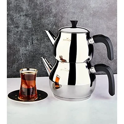Afbeelding van Karaca Kayra Zwarte Turkse theepotset, geschikt voor inductie, theepot, Tea Maker, Caydanlik, Demlik, Theekoker, Pot, Tea, Theekoker
