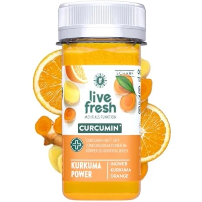 Afbeelding van LiveFresh® kurkuma gember shot, natuurlijk koudgeperst, van verse gember, oranje en citroen, geen extra additieven suiker, 24 x 60 ml