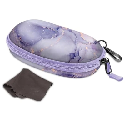 Afbeelding van Fintie Zonnebrillenkoker Hard etui met karabijnhaak en ritssluiting Grote brillenkoker voor dames heren Outdoor sportbril, Paars marmer