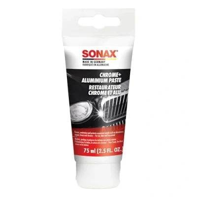 Afbeelding van SONAX Chroom + AluPaste (75 ml) polijstmiddel houdende verzorgingpasta voor het verwijderen van corrosie, aangetaste en blinde plekken art.nr. 0308000