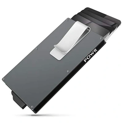 Afbeelding van POWR Pasjeshouder Mannen Grijs Beschermhoes Bankpas Met Anti Diefstal RFID Technologie 5 Creditcards of 8 Visitekaartjes Kaarten Uitschuifbaar Aluminium Geldvak Moneyclip Kaartenhouder