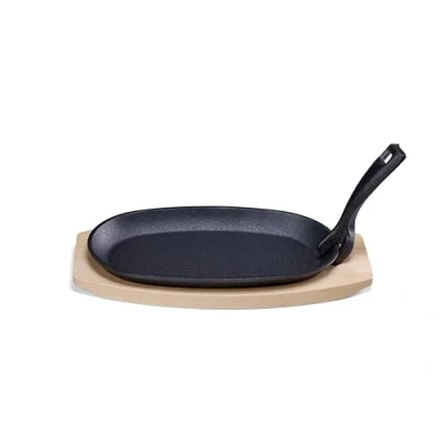 Afbeelding van Hendi Gietijzeren schaal met houten onderlegger en greep 280x140x30mm zwart