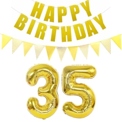 Afbeelding van ballonnen cijfer 35 goud + Happy Birthday slinger folieballon banner jaar verjaardagsdecoratie vrouw mannen 35e verjaardag decoratie voor vrouwen ballon