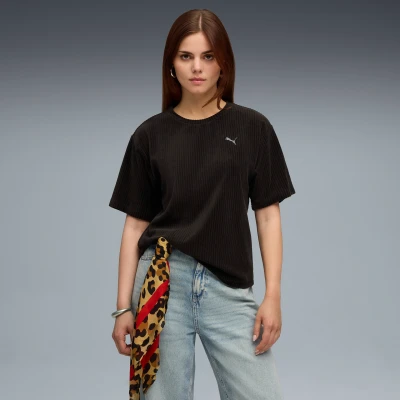 Image de PUMA T shirt décontracté en velours côtelé Essentials Elevated Femme, Vêtements, Noir, M