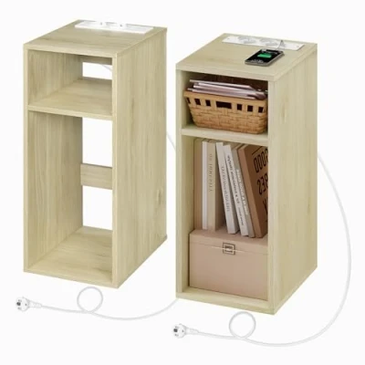 Afbeelding van WOLTU Set van 2 nachtkastjes met stopcontacten en USB poorten voor smalle slaapkamer, nachtkastje open vakken, woonkamer, hout, 25 x 30 60 cm, NTS06hei