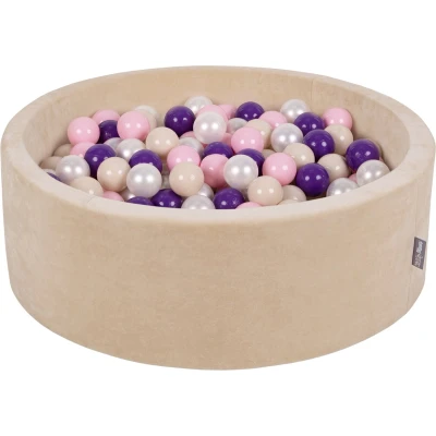 Afbeelding van KiddyMoon Velours ballenbad 90 x 30 cm / 200 ballen met een diameter van 7 cm, rond, gemaakt in de EU, zandbeige: Pastelbeige/poederroze/parel/paars