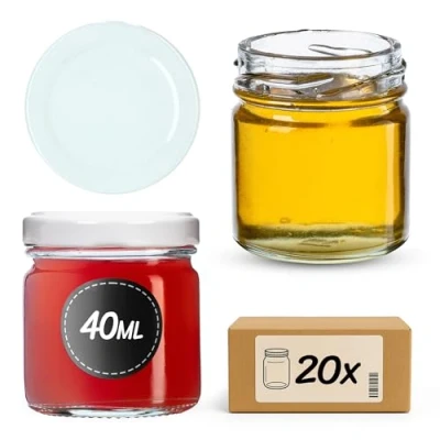 Afbeelding van KADAX Weck Set van 20 mini weckpotten, 40 ml, rond, met schroefdeksel, om te proeven, jam, honing enz