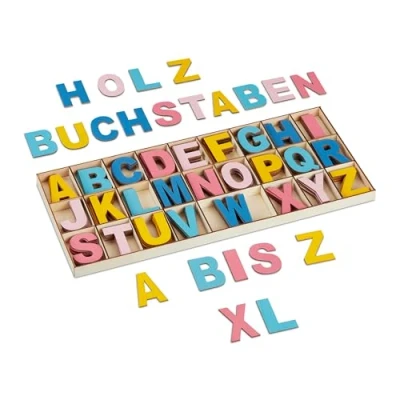 Afbeelding van Relaxdays gekleurde houten letters 208 delig alfabet blokletters knutselspullen