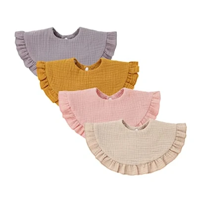 Afbeelding van Nishine 4 pack unisex baby mousseline bandana kwijl slabbetjes 360 graden draaibaar katoenen voor doorkomende tandjes jongens en meisjes (gele set)