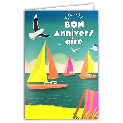 Afbeelding van 69 8109 Carte FLUO Bon ANNIVERSAIRE Enjoy your day avec Enveloppe 12x17,5cm Illustration Bateaux Voiliers Régate Transat Plage Mer Bleue Mouette Véritables encres Créé et Fabriqué en France