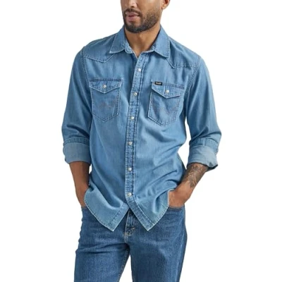 Afbeelding van Wrangler Iconic Denim Regular Fit Snap Shirt met lage knoop voor heren, Lake Wash