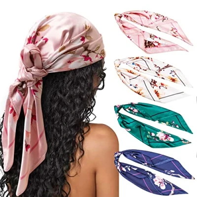 Afbeelding van DRESHOW Set van 4 grote vierkante sjaals voor dames, satijn, haaraccessoires, zijde, vierkant, klassieke patronen, strandbandana&#039;s