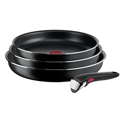Afbeelding van Tefal Ingenio Easy On pannenset, 3 stuks, 22/24/26 cm, antiaanbaklaag, titanium coating, thermosignaal, afneembare handgreep, vaatwasser en ovenbestendig, niet geschikt voor inductie.
