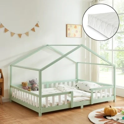 Afbeelding van Kinderbed Treviolo met uitvalbeveiliging en matras 140x200 mint [en.casa]