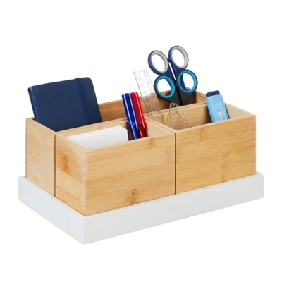 Afbeelding van Relaxdays bamboe organizer 4 delig bureau make up kantoor