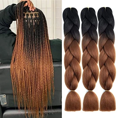 Afbeelding van Braun 61 cm gevlochten haarvlecht zwart bruin, 3 stuks jumbo vlechten kanekalon vlecht doos gehaakte haar vrouwen 60