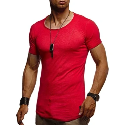 Afbeelding van Leif Nelson heren zomer t shirt ronde hals slim fit katoen modern korte mouwen LN8209, Rood