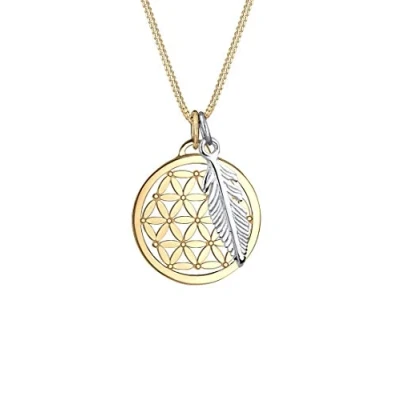Afbeelding van Elli Dames Halsketting Bloem des Levens Veer Hanger Tweekleurig in 925 Sterling Zilver