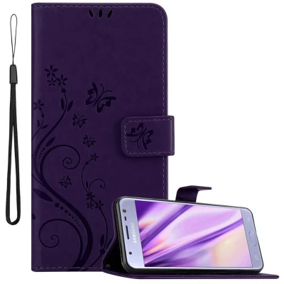 Afbeelding van Cadorabo Hoesje geschikt voor Samsung Galaxy J3 2017 in BLOEMEN DONKER PAARS Beschermhoes bloemmotief met magnetische sluiting, standfunctie en kaartsleuven Book Case Cover Etui