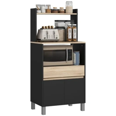 Afbeelding van HOMCOM magnetronkast, dressoir keuken met ladekast, bovenste plank, keuken, opslag voor eetkamer, woonkamer, 60 x 40 131 cm, naturel en wit (zwart)