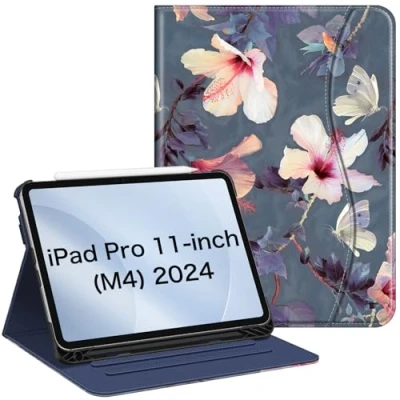 Afbeelding van FINTIE iPad Pro 11 inch (M4) 2024 [Modelnummer: A2836/A2837/A3006] hoes met stylushouder, meerdere ringen Slim Fit Folio Cover Case zak en Auto Wake/Slaap, Blooming Hibiscus