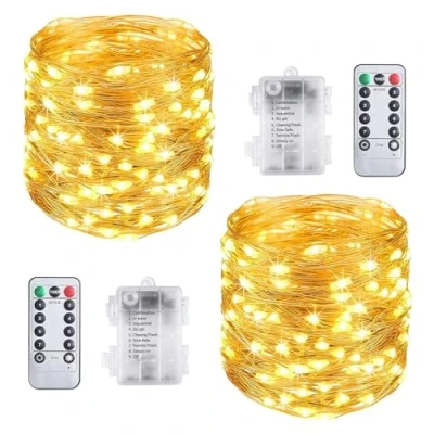 Afbeelding van Vicloon Lichtsnoer, 10 m, 100 leds, 2 stuks, koperdraad, werkt op batterijen, met afstandsbediening, voor carnaval, feest, verjaardag, bruiloft, tuin, IP65, warm wit [energieklasse A++]
