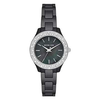 Afbeelding van Michael Kors Liliane dameshorloge, kwartsuurwerk met roestvrijstalen armband, keramiek of leer, Zwart en glitter, MK4650