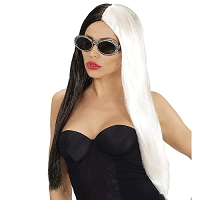 Afbeelding van Lange zwart met witte cruella pruik dames Verkleedpruik One size