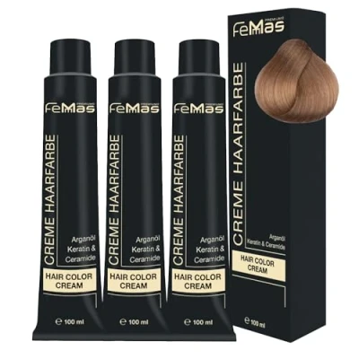 Image de FemMas Teinture pour cheveux blonds, crème professionnelle à huile d&#039;argan nourrissante, de kératine et céramides, comme coloration permanente ou teinte, 100 ml, blond platine doré 9.3
