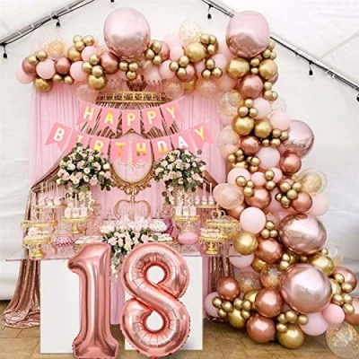 Afbeelding van DUGEHO Verjaardagsdecoratie voor 18 jarige meisjes in roségoud ballonboogset, goud, wit, zwart, slinger, latex, confetti, ballonnen, decoratie bruiloft, feest, verjaardag, avond, doop