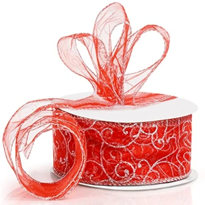 Afbeelding van Belle Vous Organza Kerst rood lint, 46 m lang, 60 mm breed, cadeaulint voor kerstboom, met pailletten, het verpakken van geschenken, creatieve hobby&#039;s en decoraties