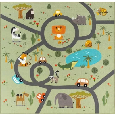 Afbeelding van Vloerkleed kinderkamer Groen 200x200 cm Vierkant Afwasbaar Antislip Tapijt voor jongens en meisjes met een straat jungledieren Happy Life by the carpet