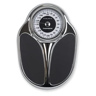 Afbeelding van THOMSON Trad Mass Mechanische personenweegschaal, tot 200 kg, brede antislip plaat, optimale leesbaarheid, vintage stijl, chroom afwerking, zonder batterij