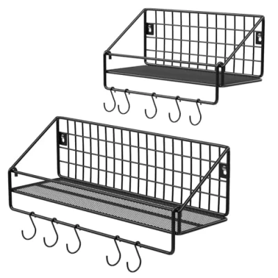 Afbeelding van SONGMICS Wandrekken in industrieel design, van metaal, per plank tot 15 kg belastbaar, set 2, keukenrek, met 10 haken, voor slaapkamer en woonkamer, zwart