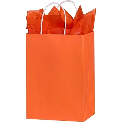 Afbeelding van 50 Papieren Draagtassen Van Kraftpapier met Gevlochten Oren 18x8x22cm Oranje Kraft Tasjes Handvat/ Cadeautasjes gedraaid handgrepen / Zakjes/ Orange