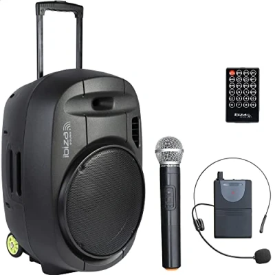 Afbeelding van Ibiza PORT15VHF MKII 800 Watt mobiel geluidssysteem 15 inch VHF Met USB MP3, VOX, Bluetooth en 2 draadloze microfoons