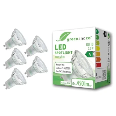 Afbeelding van greenandco 5 x ledlampen GU10 2,5 W 450 lm 3000 K warm wit 36 230 V flikkervrij energie efficiëntieklasse A niet dimbaar