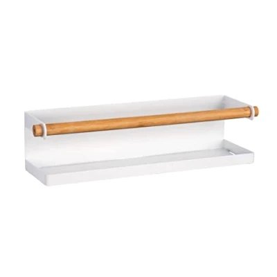 Afbeelding van WENKO Magna kruidenrek, magnetisch rek van metaal met bamboe detail voor het bewaren en presenteren kruidenpotjes, zonder boren magneet of plakband, 32 x 8 cm, wit