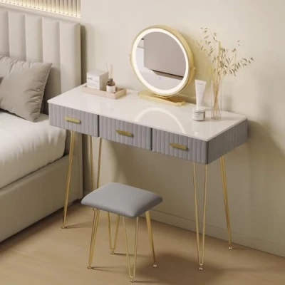 Afbeelding van WOLTU make uptafel met ledlicht, verstelbaar licht, spiegel en gevoerde kruk, kaptafel 3 fluwelen laden, moderne uptafelset, eenvoudige montage, wit +
