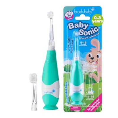 Afbeelding van Brush Baby BabySonic Electrische Tandenborstel (0 3 jaar) Lichtgevend Timer &amp; Pulse Zuignapvoet Groen Incl. 2 opzetborstels en batterij