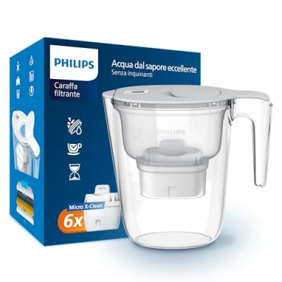 Afbeelding van Philips Water filterkaraf + 6 X Micro Clean vervangende filterpatronen, snelle doorstroming, wit, 2,6 liter, elektronische timer