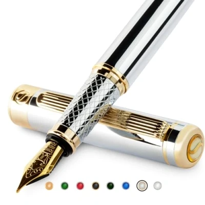 Afbeelding van Zilver Chrome Vulpen Scriveiner Prachtige Pen met 24K gouden afwerking, Schmidt 18K vergulde penpunt (Medium), beste Gift Set voor mannen en vrouwen, professioneel, uitvoerend, kantoor, mooie pennen