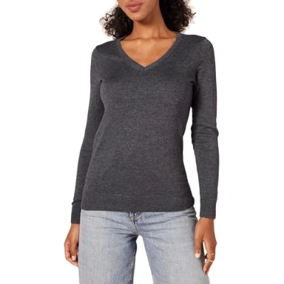 Image de Amazon Essentials Chandail léger à manches longues et col en V pour femme (disponible grande taille), anthracite chiné, taille XL
