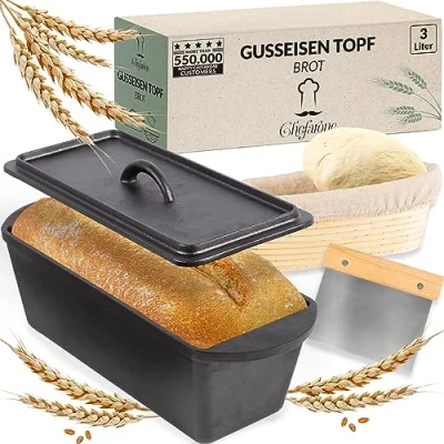 Afbeelding van Chefarone Gietijzeren Broodvorm Broodbakvorm Bakvorm Cakevorm Rechthoek Ambacht Brood Bakken uit eigen Oven Inclusief Deksel, Spatel en Rijsmand 35 x 13,5 12,5 cm