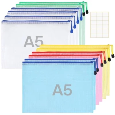 Afbeelding van 12 stuks A5 documententassen Zanfqvo ritssluiting kunststof enveloppen voor documenten, kantoorbenodigdheden, cosmetica (5 kleuren)