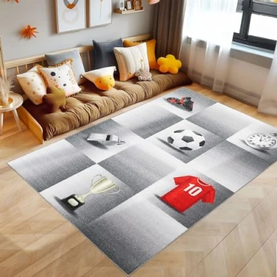 Afbeelding van kindertapijt, voetbaldesign, grijs tapijt, 120 x 170 cm, tapijt voor kinderkamer