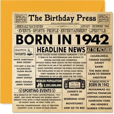 Afbeelding van 82e verjaardagskaarten voor mannen en vrouwen Born in Journal 1942 verjaardagskaart opa, oma, vintage retro 1942, 145 mm x