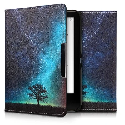 Afbeelding van kwmobile E reader hoesje geschikt voor Tolino Vision 1 / 2 3 4 HD hoes flip case met magnetische sluiting Ereader cover Sterrenstelsel en Boom design in blauw grijs zwart