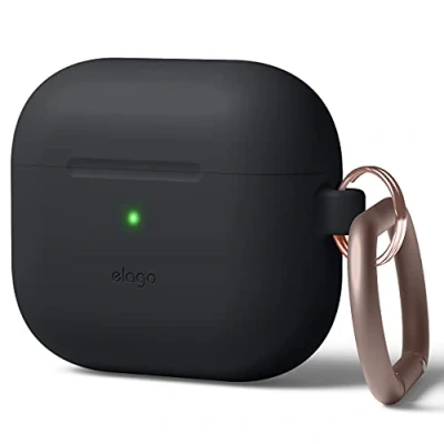 Afbeelding van elago Siliconen hoes met karabijnhaak, compatibel AirPods 3, premium siliconen, draadloos opladen beschikbaar, schokbestendige bescherming (zwart)