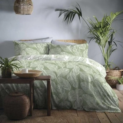 Afbeelding van Fusion dekbedovertrek Matteo Green Leaf Kingsize (230 x 220 cm) Omkeerbaar ontwerp (wit en groen kleur) Bladeren/groene bladeren Saliegroen beddengoed Collectie